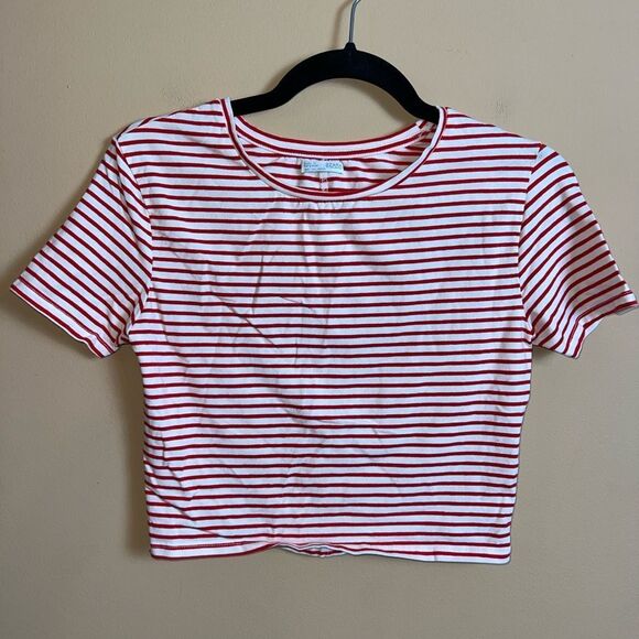 Zara Size Large Cream & Red Striped Short Sleeve Cropped‎ Shirt - Picture 1 of 5